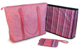 An open pink faux-suede 15"-17.3" Breast Cancer Awareness Tote w/ removable computer section for dual functionality. Detachable accessory/cosmetic purse. Shows striped insert.