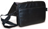 An open black 14"-15" Slimline Chromebook / Ultrabook Messenger bag w/ Koskin outer-shell material w/ contrast stitching & perforated accent panels. Has padded pockets for both 14.1” Ultrabook & an iPad or other popular tablet. Space for files & accessories, interior zippered pocket, full-length exterior pocket plus organizer, adjustable shoulder strap w/ polished nickel fittings. 