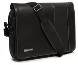 A black 14"-15" Slimline Chromebook / Ultrabook Messenger bag w/ Koskin outer-shell material w/ contrast stitching & perforated accent panels. Has padded pockets for both 14.1” Ultrabook & an iPad or other popular tablet. Space for files & accessories, interior zippered pocket, full-length exterior pocket plus organizer, adjustable shoulder strap w/ polished nickel fittings. 