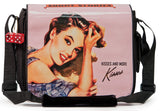 This is a pink 14.1" Maddie Powers Pulp Fiction Laptop Bag w/ pulp magazine images doubles as a tote bag w/ removable laptop sleeve, soft velveteen trim & old Hollywood style.