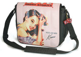 A pink 14.1" Maddie Powers Pulp Fiction Laptop Bag w/ pulp magazine images doubles as a tote bag w/ removable laptop sleeve, soft velveteen trim & old Hollywood style.