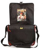 An open black 15.4" Maddie Powers Retro Baseball Messenger. The Messenger bag’s exterior icon baseball image is that of a sports pulp magazine from the 40's & 50's while the actual vintage magazine cover is printed on the inside lining. On the exterior is a sports icon enamel badge.
