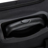 A black 15" rolling underseat bag w/ USB port. Telescopic handle, open side pocket