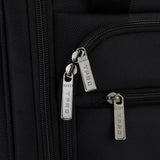 A black 15" rolling underseat bag w/ USB port, Telescopic handle, open side pocket