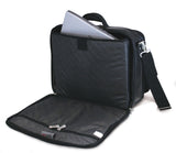 An open ballistic nylon 15.6" Select laptop Briefcase. Built-in elastic shoulder strap system, padded laptop pocket & multiple zippered compartments.