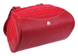 Bottom view of red Small Sumo Duffel w/ white stitching made of ballistic nylon w/ faux-leather detail, interior pockets, Soft faux-leather shoulder straps, quilted design & printed interior lining.