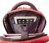 An opened red 1680D Nylon 16" SmartPack Backpack w/ Fleece Lined Pouch for a Tablet, Ergonomic Ventilated Back Panel, Padded Shoulder Straps & Carry Handle & Exterior Mesh Water-Bottle Pockets