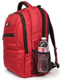 An opened red 1680D Nylon 16" SmartPack Backpack w/ Fleece Lined Pouch for a Tablet, Ergonomic Ventilated Back Panel, Padded Shoulder Straps & Carry Handle & Exterior Mesh Water-Bottle Pockets