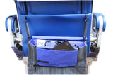 A grey in-flight travel organizer TAB messenger V2 bag w/ black shoulder strap & Blue lining inside airplane seat back pocket. 
