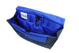 A grey in-flight travel organizer TAB messenger V2 bag w/ black shoulder strap & blue lining.