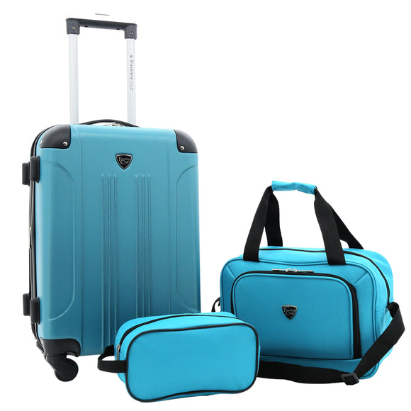 A teal, expandable 3-pc Chicago Plus Carry-On Set w/ 360º Spinner wheels, telescopic handle, Corner guards & 4 side studs.