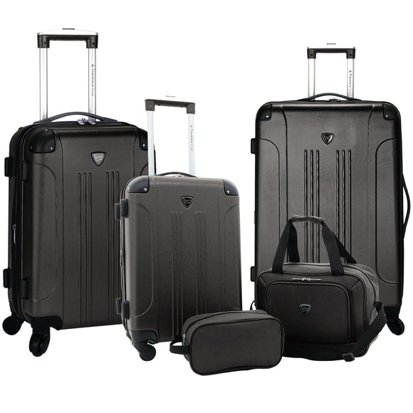 A black, expandable 5-pc Chicago Plus Carry-On Set w/ 360º Spinner wheels, telescopic handle, Corner guards & 4 side studs.