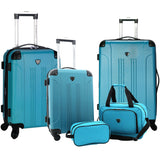 A teal, expandable 5-pc Chicago Plus Carry-On Set w/ 360º Spinner wheels, telescopic handle, Corner guards & 4 side studs.