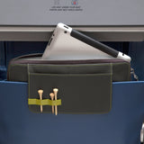 This is a Walter and Ray elephant grey calf skin leather airplane seat back organizer shown inside airplane seat back pocket w/ laptop inside protective pocket