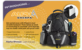 A black Alpha Sherpa backpack w/ Padded laptop, Cooler w/ soft-sided storage, a Parent pack that includes changing pad, insulated bottle holder, padded interior pocket for iPad/notebook  