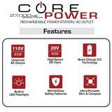 A chart describing features of the CORE Power AC USB 27,000mAh Portable Laptop Charger