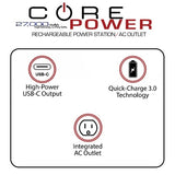 A chart describing different power options for the CORE Power AC USB 27,000mAh Portable Laptop Charger