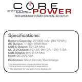 A chart giving specifications for the CORE Power AC USB 27,000mAh Portable Laptop Charger
