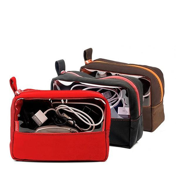 Red, black & brown electronics accessory bag & toiletry bags w/ clear viewing window