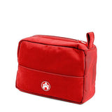 A red electronics accessory bag & toiletry bag w/ clear viewing window