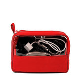 A red electronics accessory bag & toiletry bag w/ clear viewing window