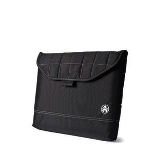 A black quilted 12" laptop case w/ white stitching,  padded corduroy computer compartment, velcro closure & sumo printed liner