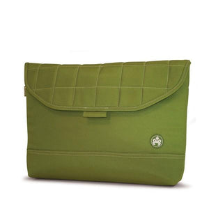 A green 13.3" quilted laptop sleeve w/ padded corduroy computer compartment, velcro closure & sumo printed liner