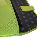 An open green 13.3" quilted laptop sleeve w/ padded corduroy computer compartment, velcro closure & sumo printed liner