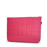 A back view of pink w/ white stitching 15" quilted laptop sleeve.
