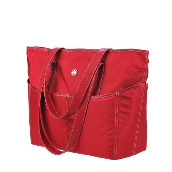 A large red ballistic nylon Sumo Large Tote / diaper bag w/ white stitching, faux-leather detail, Interior & Exterior pockets all around, Magnetic Closures & Printed liner