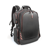A black 17" Core Gaming Checkpoint Friendly laptop Backpack w/ Molded Panel, red trim, 4 side accessory pockets, external USB Charge Port built in.