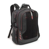 A ballistic nylon black 16" Gaming Checkpoint Friendly Backpack w/ red trim & velcro front panel, padded air-mesh shoulder straps & back panel, padded carry handle & trolley strap for stacking on other luggage.