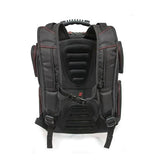A back view of a black 17" Core Gaming Checkpoint Friendly laptop Backpack w/ Molded Panel, red trim, 4 side accessory pockets, external USB Charge Port built in.