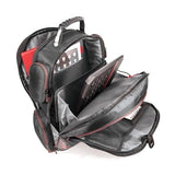 An opened ballistic nylon black 16" Gaming Checkpoint Friendly Backpack w/ red trim & velcro front panel, padded air-mesh shoulder straps & back panel, padded carry handle & trolley strap for stacking on other luggage.