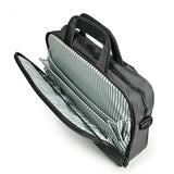 A 16" Graphite Corporate Briefcase w/ three exterior padded pockets, padded handles & shoulder strap.