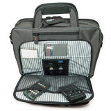 A 16" Graphite Corporate Briefcase w/ three exterior padded pockets, padded handles & shoulder strap showing tech gear, files & tablet inside pockets
