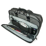 An opened 16" Graphite Nylon Briefcase w/ padded computer pocket, file section & workstation w/ pockets