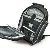 An open 16" Graphite Express Backpack w/ Media/Phone Pocket for MP3 Player or Smartphone w/ Headphone Pass-through, Ergonomic Ventilated Back Panel, Integrated iPad/Tablet.