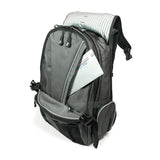 An open 17.3" Graphite Premium laptop Backpack w/ Internal Media Pocket, headphone pass-through port, Ventilated Back Panel & Removable Smartphone Pocket