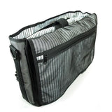 An open 17.3" Graphite Messenger bag w/ Padded Computer Compartment, Removable ID Holder, Custom Molded Fasteners, Padded Back Panel, Full-Size Back Pocket, Padded Shoulder Strap 