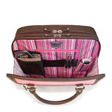 An opened Pink Suede 16" ScanFast Element Checkpoint Friendly Briefcase w/ Trolley strap for use with rolling luggage, Padded Computer Section, Separate Zippered Workstation, File Sections, Padded Shoulder Strap, Steel Fittings & Faux Leather Wrapped Handles, Exterior Pockets & Matching Detachable Cosmetic Purse 