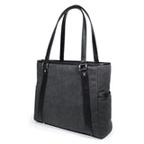 A back view charcoal 15.6" Urban Laptop Tote w/ black leather trim, handles, & padded computer compartment.