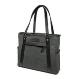 A charcoal 15.6" Urban Laptop Tote w/ black leather trim, handles, & padded computer compartment.