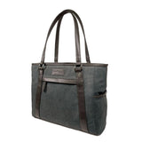 A charcoal 15.6" Urban Laptop Tote w/ brown leather trim, handles, & padded computer compartment.