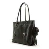 A black 16"-17" Signature Faux-Croc laptop Tote w/ SafetyCell Computer Protection Compartment, Flattened non-slip straps, Detachable Cell Phone Pocket Detachable matching cosmetics/accessory pouch Polished silver buckles & self-healing zipper