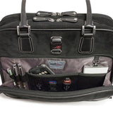 An open black 14"-16" Classic Corduroy Laptop Tote w/ Poly-fur lined pocket for iPad or Tablet, Zip-down workstation, Separate accordion file section, Full-length exterior pocket & trolley strap