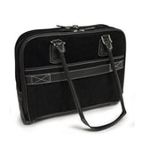A back view of black 14"-16" Classic Corduroy Laptop Tote w/ Poly-fur lined pocket for iPad or Tablet, Zip-down workstation, Separate accordion file section, Full-length exterior pocket & trolley strap