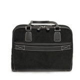 A back view of black 14"-16" Classic Corduroy Laptop Tote w/ Poly-fur lined pocket for iPad or Tablet, Zip-down workstation, Separate accordion file section, Full-length exterior pocket & trolley strap