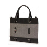 A back view of 11"-14" Herringbone tote separate, padded compartments for both Tablet/Chromebook/Ultrabook w/ black trim, removable & adjustable detachable shoulder strap