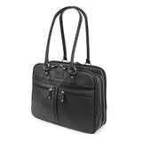 A black vegan leather 16" Verona Laptop laptop tote or briefcase w/ Padded poly-fur lined pockets for both laptop & tablet, Multiple pockets, Tartan cotton-twill lining, accessory organizer, 3 separate top zipper storage sections & Matching accessory clutch.